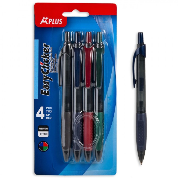 Set Pixuri Ballpoint, A-Plus, EasyClicker, Grip Elastic, Multicolor, 4 Bucăți