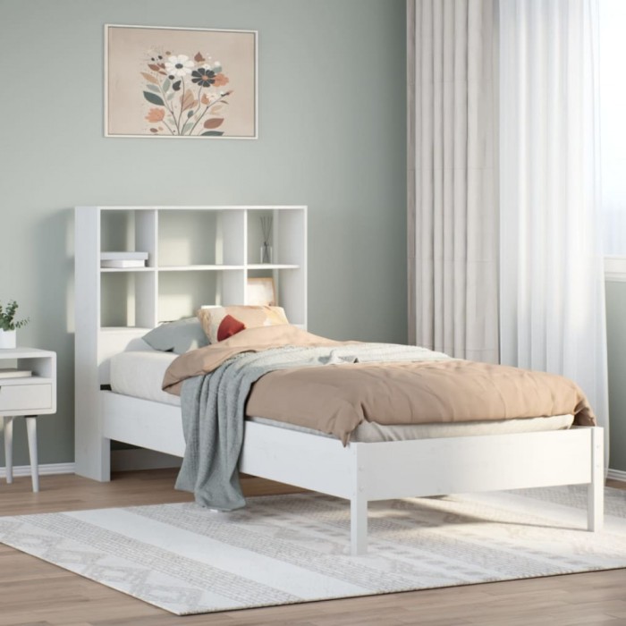 vidaXL Pat cu bibliotecă fără saltea, alb, 90x190 cm, lemn masiv pin 3322892