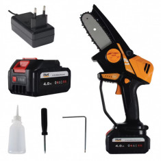 Kit Complet Mini Drujba electrica cu acumulator 4Ah inclus, iHunt Strong Chainsaw 21V Power, motor brushless, lama 10cm, viteza lant 9m s + incarcator