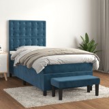 Cumpara ieftin Pat box spring cu saltea, albastru &icirc;nchis, 90x200 cm, catifea