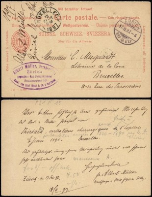Switzerland 1897 Old postcard stationery Zurich to Bruxelles Belgium DB.200 foto