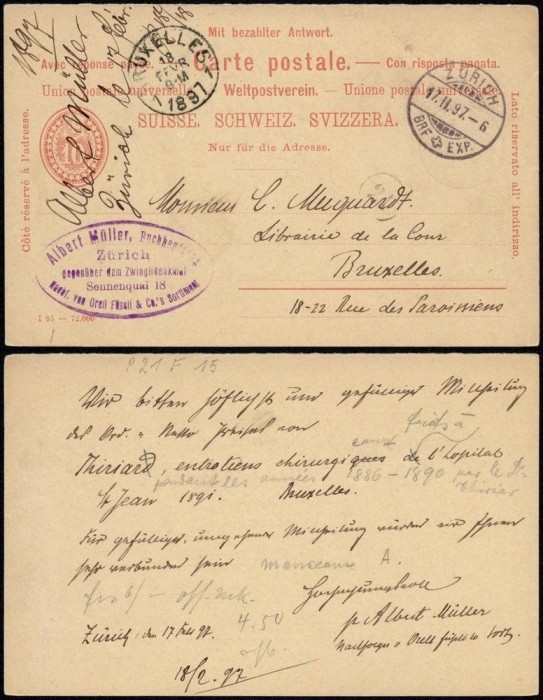 Switzerland 1897 Old postcard stationery Zurich to Bruxelles Belgium DB.200