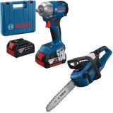 Bosch GDS 18V-350 + GKE 18V-40 - Masina de insurubat cu impact cu 2 acumulatori Li-Ion 18 V 4 Ah patrat 1/2 inch 350 Nm M10-M18 valiza plastic + Drujb
