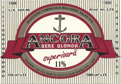 NI512 Etichetă bere blondă superioară Ancora, 1994-1995, Societatea comercială Malț Bere Galați SA foto