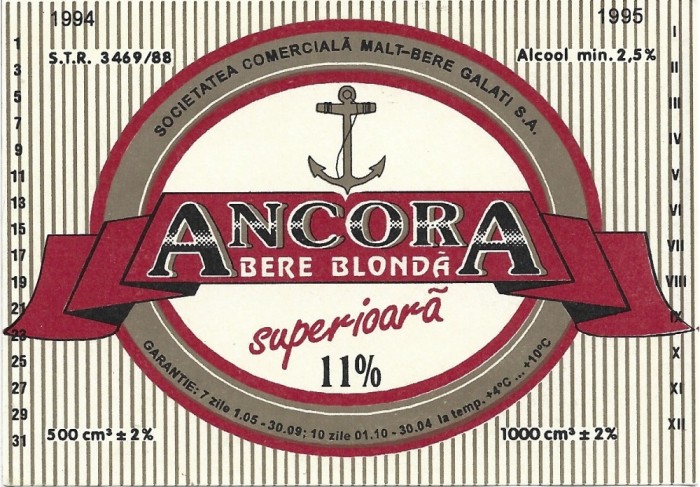 NI512 Etichetă bere blondă superioară Ancora, 1994-1995, Societatea comercială Malț Bere Galați SA