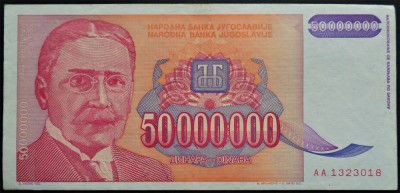 Bancnota 50000000 DINARI / DINARA - YUGOSLAVIA, anul 1993 *cod 273 foto