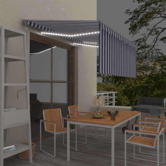 vidaXL Copertină automată cu stor&amp;LED&amp;senzor v&acirc;nt albastru&amp;alb 3x2,5 m