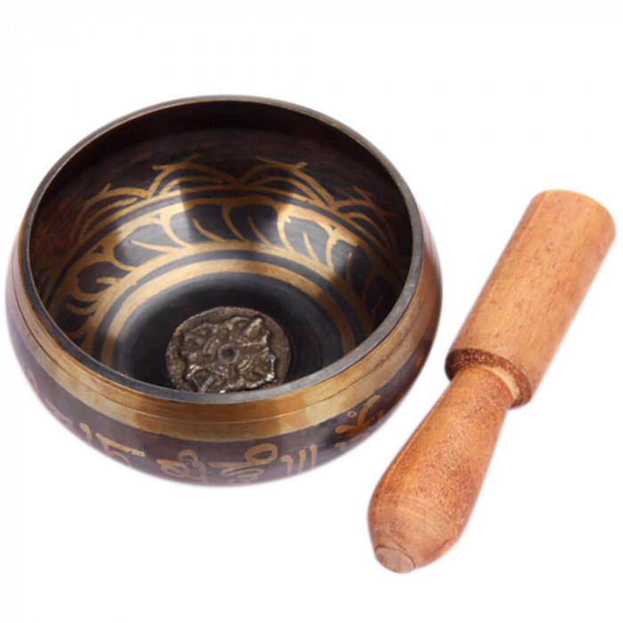 Bol Tibetan cantator, batut manual set cu ciocanel lemn si ceremonial pentru casa, metal 9.5 cm