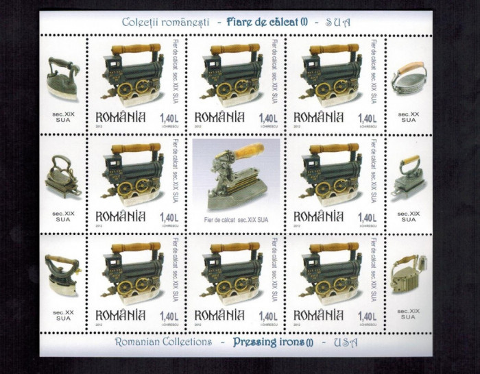 Romania 2012 Fiare de calcat Minicoala 8 timbre de 1,40 lei vinieta MNH LP 1933
