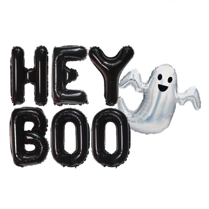 Set Baloane Halloween, HEY BOO, Fantomă, Negru, 7 Bucăți