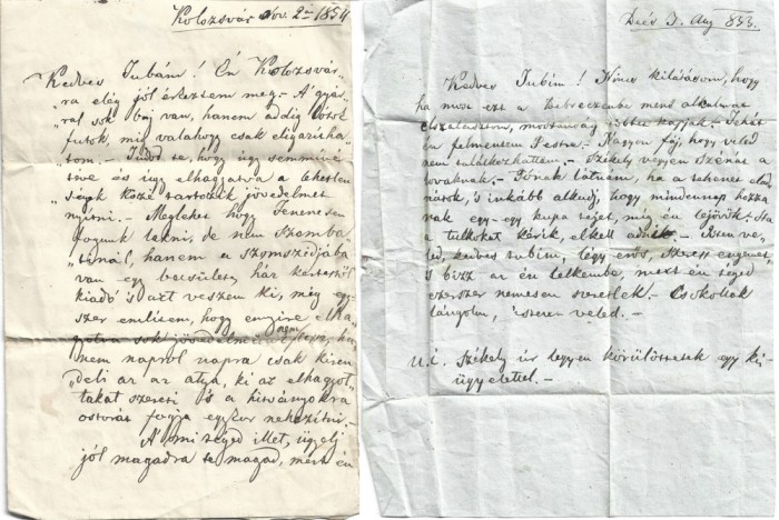 A3031N Două scrisori olografe ale ziaristului, redactorului și juristului maghiar Gy&aacute;rf&aacute;s Ferencz, 1833 și 1854, Dej și Cluj