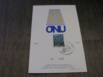 25 de Ani ONU, Timbru Obliterat St. Gilles, Ediție Limitată , Souvenir Oficial Echophil .Belgia 1970 Carton Filatelic foto