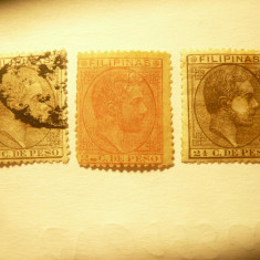 3Timbre Filipine 1880 Rege Alfons XII val.: 2C si 2 1/2C stampilate