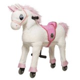 Unicorn Alb Muzical pentru Copii 3-5 Ani, Jucarie de Calarit cu Roti, Cadru Metalic Robust, Plus Moale, Dimensiuni 70x27x67 cm