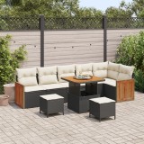 Set de canapea de grădină vidaXL cu perne negre din ratan poli acacia, Canapea de grădină vidaXL pentru 2 persoane cu perne negre din ratan poli, Set