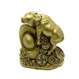 Statueta feng shui bivol auriu cu pepita si monede chinezesti - 63 cm