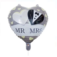Balon din folie metalizata, flippy, figurina inima, model mr&amp;mrs, tema nunta, 45 cm, ambalaj individual, pai inclus, umflare cu aer sau heliu, gri