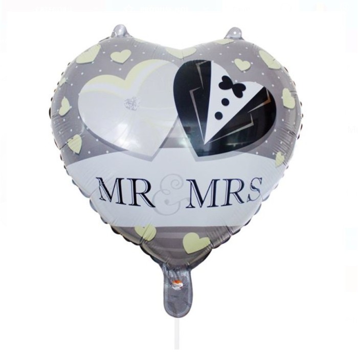 Balon din folie metalizata, flippy, figurina inima, model mr&amp;mrs, tema nunta, 45 cm, ambalaj individual, pai inclus, umflare cu aer sau heliu, gri