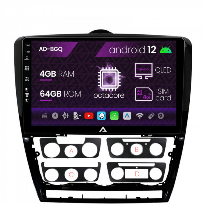 Navigatie Skoda Octavia 2, Android 12, Q-Octacore 4GB RAM + 64GB ROM, 10.1 Inch - AD-BGQ10004+AD-BGRKIT048v2