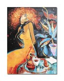 Tablou pictat manual, Invitatie la o cafea, 70x50cm pictura ulei pe panza, Mircea Iordache