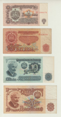 BULGARIA - SET 1 LEVA 1974 + 5 LEVA 1974 + 10 LEVA 1974 + 20 LEVA 1974 , BEX1.70 foto