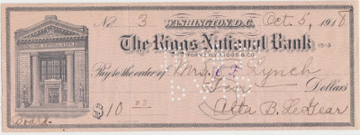 CHECK THE RIGGS NATIONAL BANK WASHINGTON 1918 XF WTMK foto