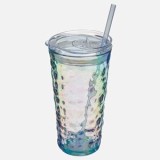 Pahar termic din plastic cu capac si pai, 650 ml, efect holografic, CMCLASS