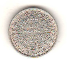 SV * Maroc 100 FRANCS 1953 * ARGINT .720 * Imperiul Serifian (1372) * AUNC * RARA