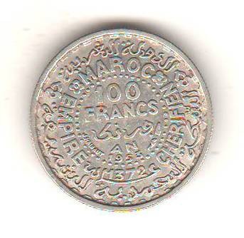 SV * Maroc 100 FRANCS 1953 * ARGINT .720 * Imperiul Serifian (1372) * AUNC * RARA