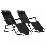 Set 2 Șezlonguri Pliabile Plajă/Grădină vidaXL, Negre, Oțel, Suport Picioare, Reglabile, Tetieră, 175x61x87cm, 120kg