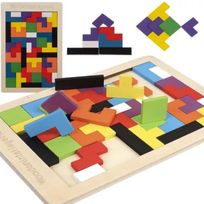 Puzzle de Lemn pentru Copii, Joc Logic, Dezvoltarea G&amp;acirc;ndirii Logice, 40 Blocuri, Dimensiuni 27x18 cm, Design Elegant și Minimalist, Multicolor foto