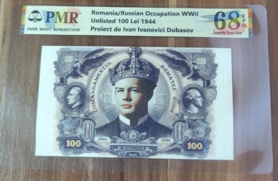REPRODUCERE pe hartie cu filigran si fire UV proiect bancnota 100 Lei 1944 nr.184 foto