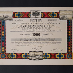 Actiune de 1000 lei din 1922 de la Banca Goronul Aiud , actie , titlu , actiuni