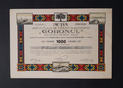 Actiune de 1000 lei din 1922 de la Banca Goronul Aiud , actie , titlu , actiuni foto