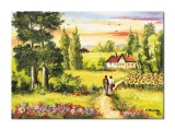 Cumpara ieftin Tablou living pictat manual, Peisaj cu floarea soarelui si case, 70x50cm ulei pe panza, Constantin Feraru
