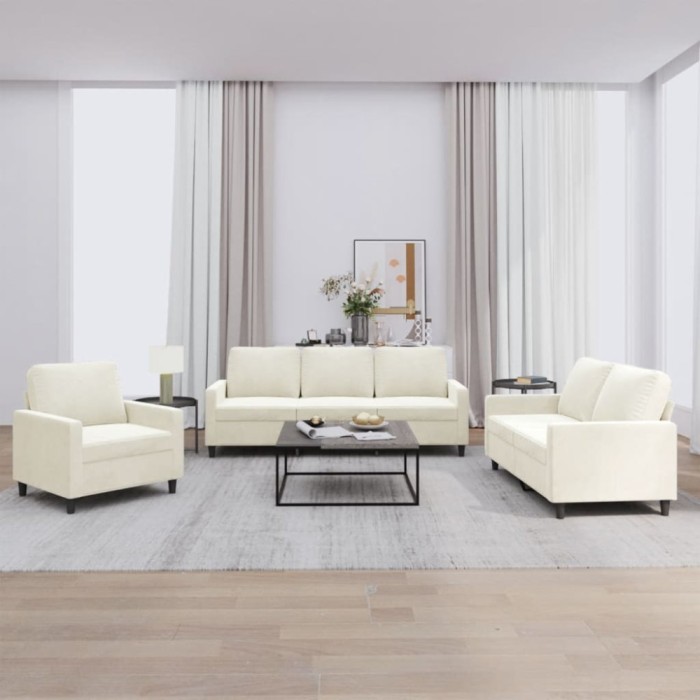 vidaXL Set de canapele cu perne, 3 piese, crem, catifea 3201484