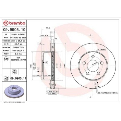Set disc frana Jeep Cherokee (Xj) 09.83-09.01, Wrangler 2 (Tj) 08.96-12.08, Fata, 280X24,5mm, ventilat, BREMBO foto