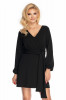 Rochie Neagra Casual cu Maneci Lungi Bufante si Cordon in Talie, Decolteu V, Poliester