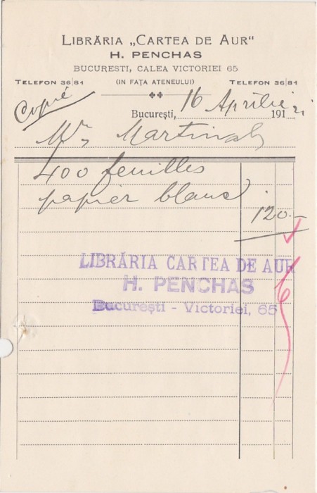 Libraria Cartea de Aur H. Penchas Bucuresti 1921