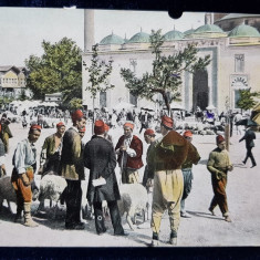 CONSTANTINOPOLE - MARCHE DE MOUTONS - PIATA DE OI , CARTE POSTALA ILUSTRATA , POLICROMA , CIRCULATA , DATATA 1908 , MIC DEFECT A PARTEA SUPERIOARA *