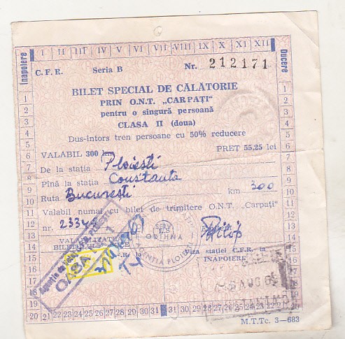 bnk div Bilet special de calatorie ONT Carpati - tren - 1968