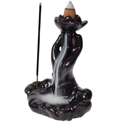 F&amp;acirc;nt&amp;acirc;nă Lotus &amp;icirc;n M&amp;acirc;nă, suport de aromaterapie conuri backflow, 10 cm negru foto