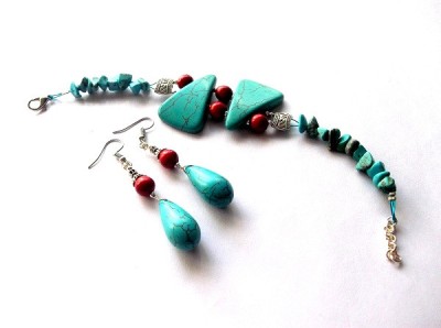 set bratara si cercei cu coral si turcoaz , combinatie tibetana 43782 foto