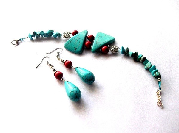 set bratara si cercei cu coral si turcoaz , combinatie tibetana 43782