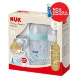 Set Twin Nuk Nature Sense, 2 Biberoane Polipropilena Cu Tetine Silicon + Suzeta Ortodontica Nuk, Cu Indicator De Temperatura Nuk, Albastru, Fara Bpa