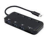 HUB USB 3.2 type C la 3 x USB-A + cititor de carduri cu switch ON/OFF, Roline 14.02.5059