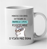 Cana alba personalizata Muncesc din greu pentru a-I oferii pisicii mele o viata mai buna, INOVATIX&reg;. 330 ml