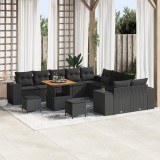 Set canapea gradina Gossi 13 piese cu perne negre din poliratan si acacia, set dining gradina Gossi 3 piese si perne negre din poliratan si acacia