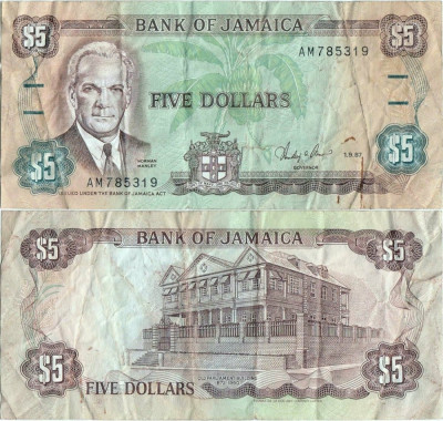 1987 ( 1 IX ) , 5 dollars ( P-70b ) - Jamaica foto