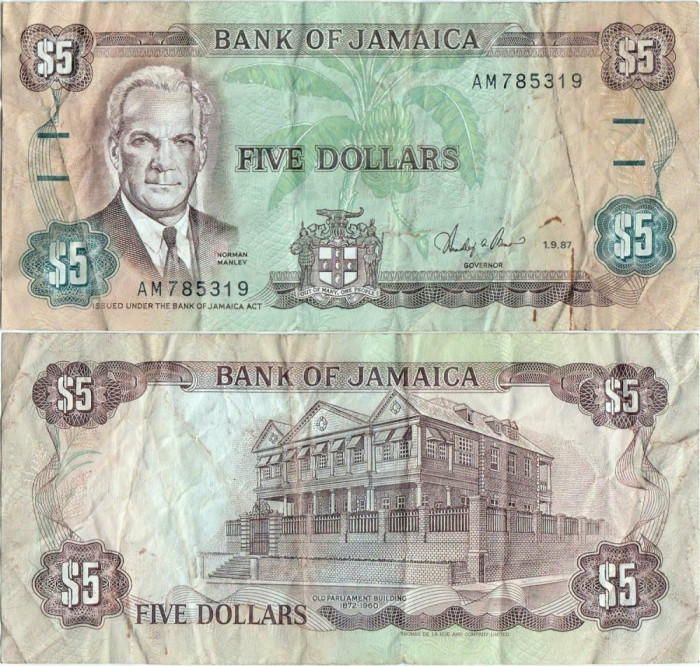 1987 ( 1 IX ) , 5 dollars ( P-70b ) - Jamaica